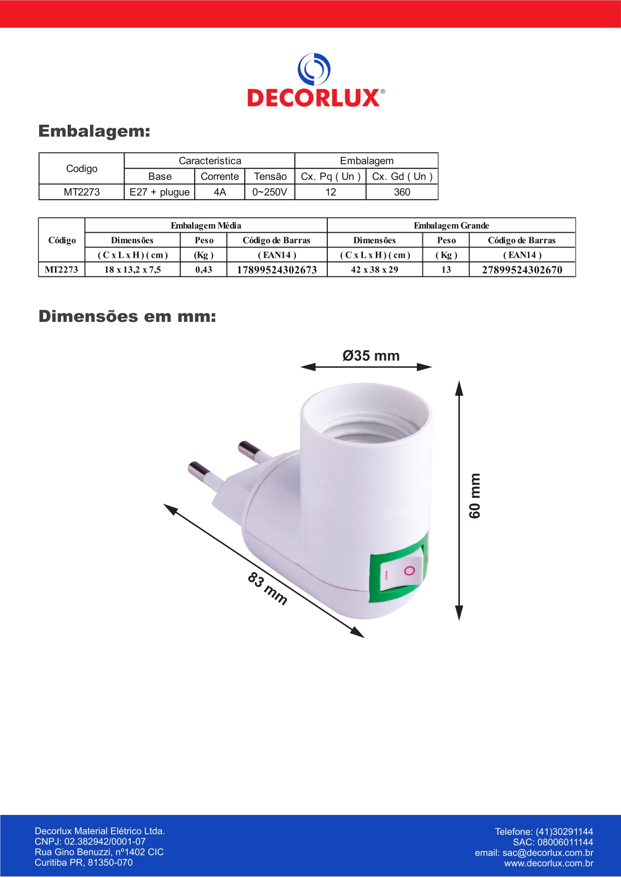 BOCAL E 27 PLAST C/PINO 90 GR BRANCO